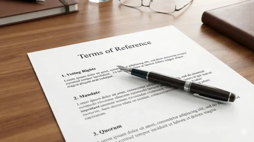 A formal IT Steering Committee Charter document on a boardroom table.