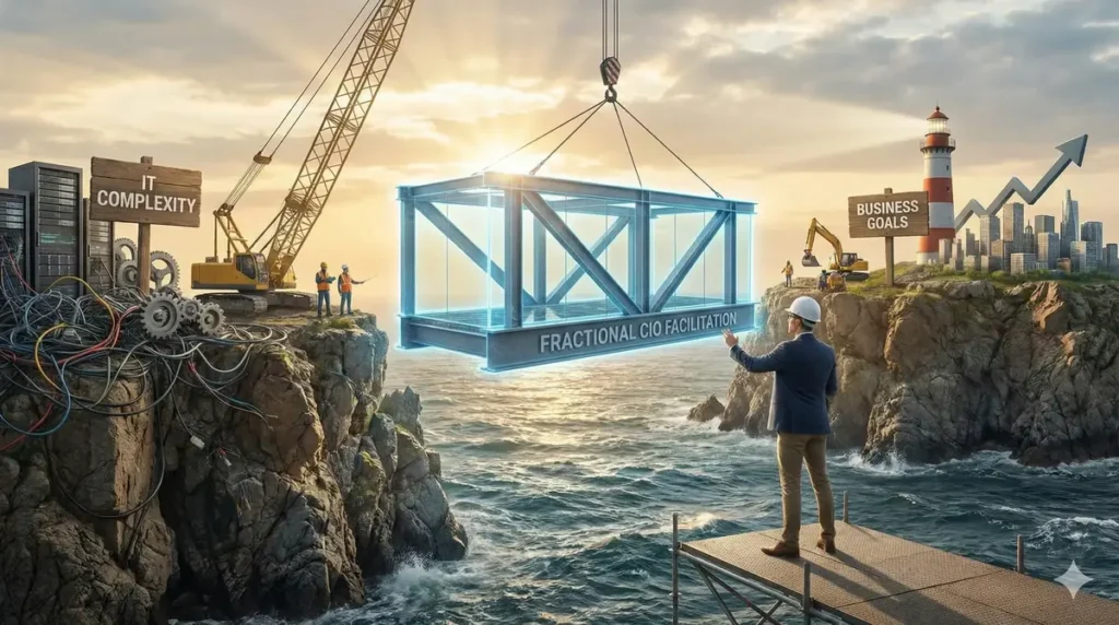 A visual metaphor of a Fractional CIO bridging the gap in an IT Steering Committee meeting.