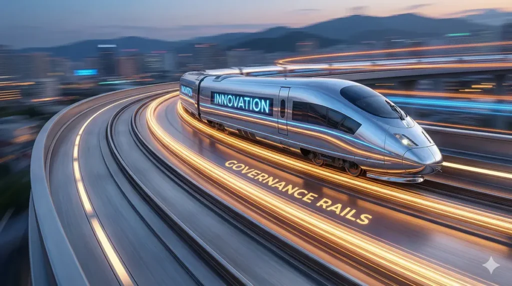 A high-speed train on safety rails symbolizing how governance protects an IT strategic journey.