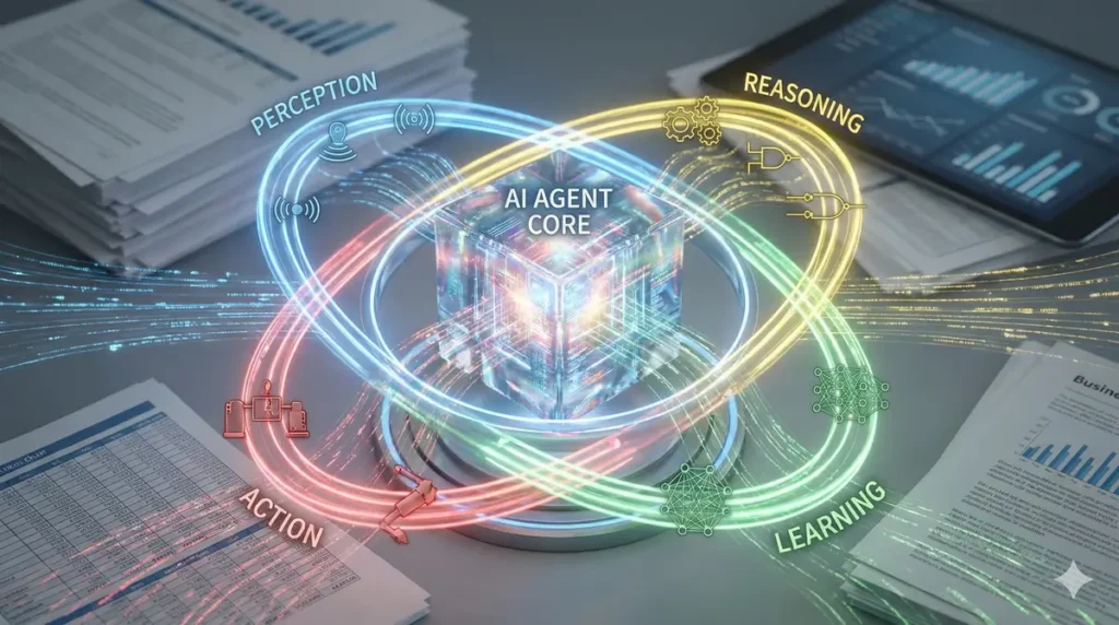 Visualization of the Agentic AI feedback loop: Perceive, Reason, Act, and Learn.