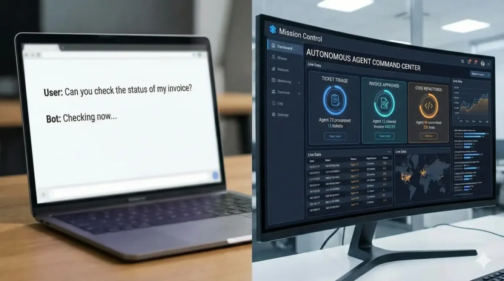Comparison of generative AI chat interface versus agentic AI workflow orchestration.