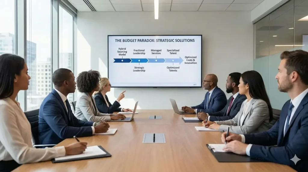 A strategic boardroom meeting discussing fractional leadership and global sourcing.