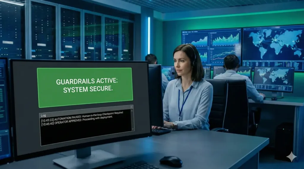A security operations center monitoring AI guardrails and compliance.