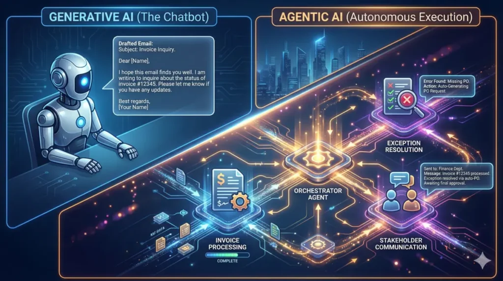 A comparison graphic showing Generative AI chatbots versus autonomous Agentic AI strategy execution.