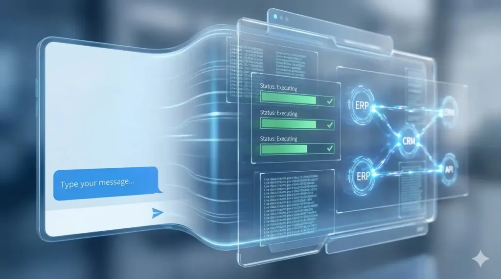Visualizing the Agentic AI vs Generative AI transition from reactive chatbot interface to proactive digital worker dashboard.