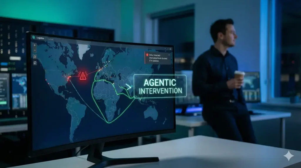 An autonomous AI system proactively identifying and resolving a supply chain delay.