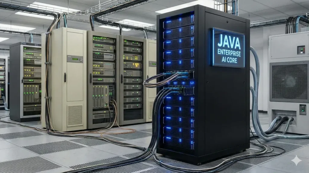 A modern server rack labeled "Java Enterprise AI Core" integrated into a large corporate data center, symbolizing stable enterprise AI.