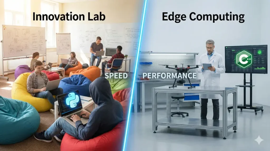 Applying the best programming languages for AI. Contrasting a Python-focused innovation lab for rapid prototyping with a C++-focused hardware lab for high-performance edge computing.