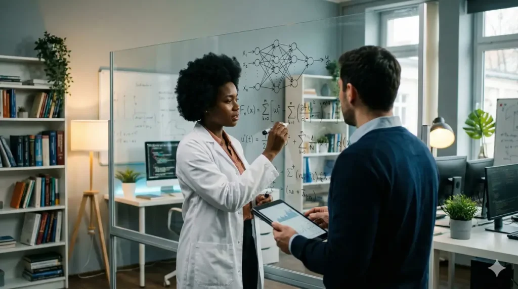 A research scientist working on complex algorithms, representing the theoretical depth found in an academic certification for artificial intelligence.