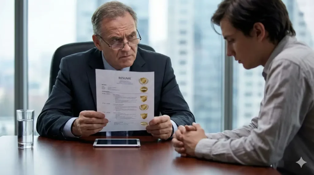 An executive interviewing a candidate, illustrating the importance of vetting a certification for artificial intelligence to avoid hiring unqualified staff.