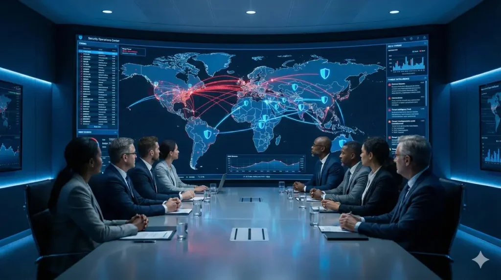 Executives and analysts in a high-tech security war room viewing global threat data on a large screen.