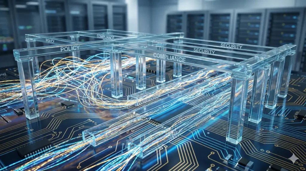 A conceptual digital glass framework organizing data streams on a circuit board, representing security governance on data science in cybersecurity.