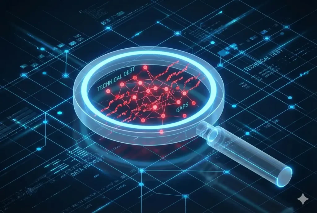 A Fractional CIO conducting an IT gap analysis, highlighting technical debt with a magnifying glass during the audit phase.