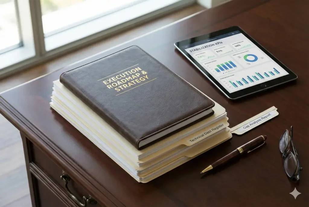 The tangible deliverables provided by a Fractional CIO in the first 90 days, including the IT roadmap, gap analysis, and KPI dashboards.