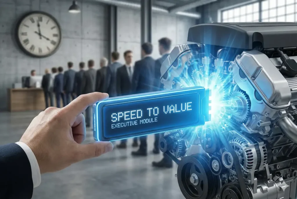 Illustration showing the immediate speed to value and execution capability of hiring a Fractional CIO compared to a slower full-time hire.