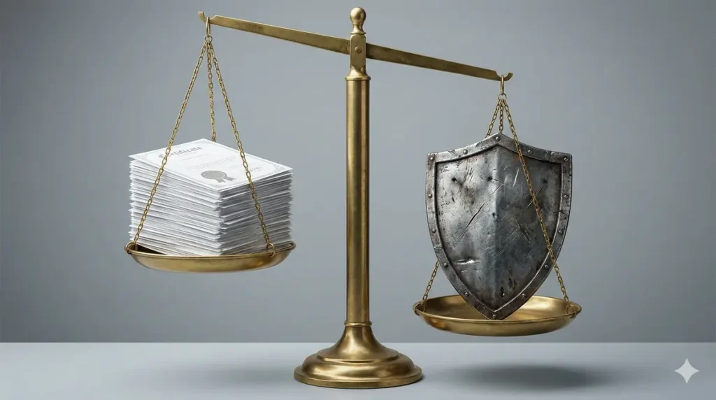 A balancing scale weighing paper certificates against a battle-scarred shield, symbolizing the trade-off between credentials and experience.