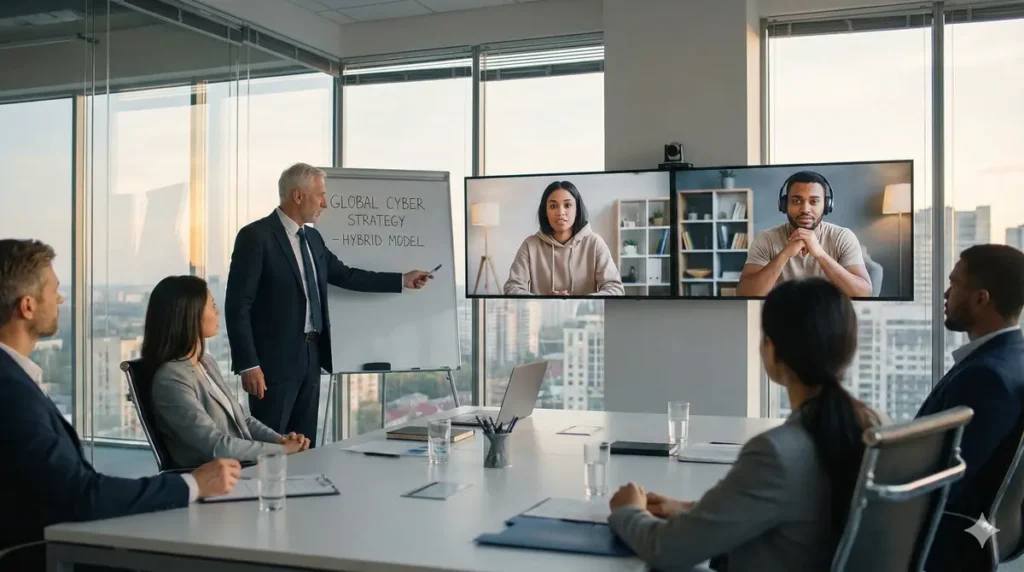 A hybrid team meeting with a senior executive in the room and junior analysts joining via video conference.