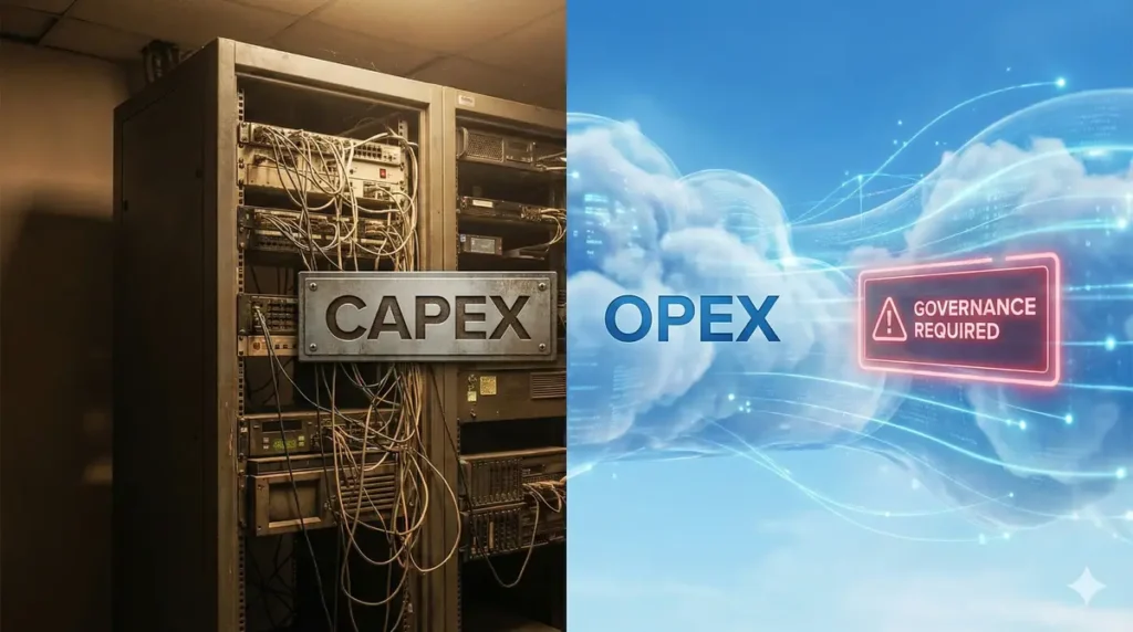 Visualizing the shift from hardware CAPEX to cloud OPEX in an information technology budget.