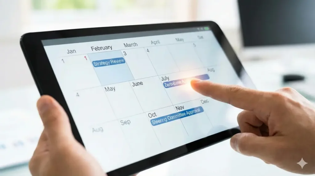 A timeline showing the strategic budgeting process.