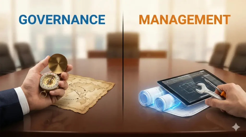 Visualizing the difference between governance (direction) and management (execution) in information technology governance framework.