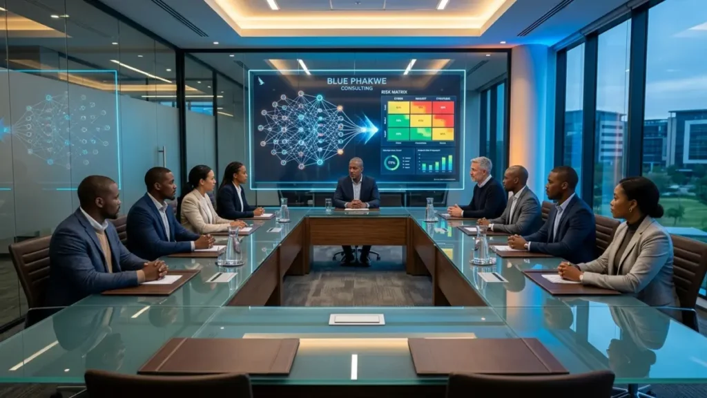 Executive board members analyzing complex artificial intelligence risk data screens to maintain IT Strategic compliance and governance.