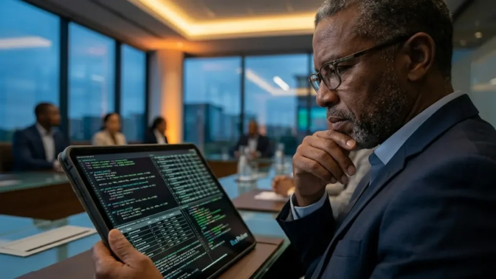 A corporate director reviewing overwhelming operational code metrics, highlighting why traditional boards face an IT Strategic oversight gap.