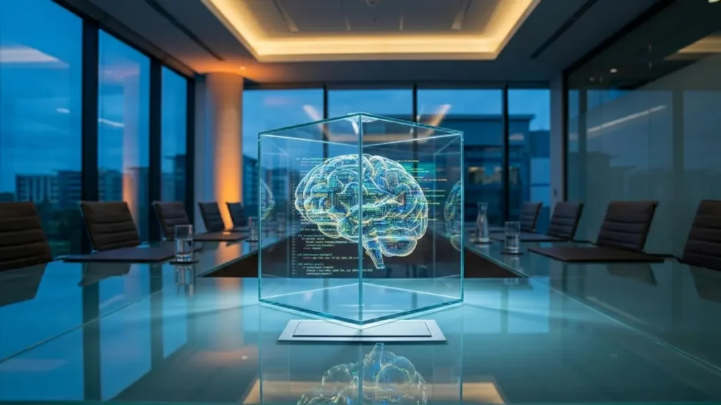 A holographic digital brain secured inside a glass enclosure on a boardroom table, symbolizing an IT Strategic approach to lifecycle AI governance.