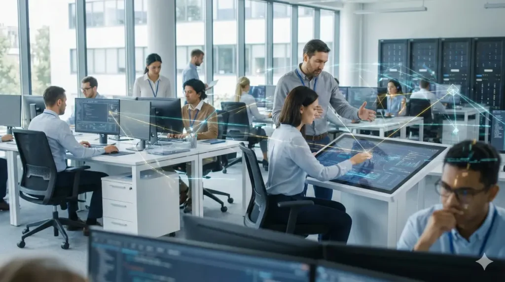 A modern corporate office with a digital overlay representing the seamless integration of Agentic AI into daily business workflows.