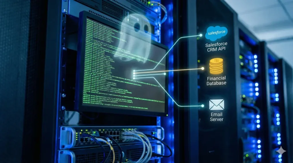 A close-up of a data center monitor showing autonomous code executing across various enterprise systems without human intervention.