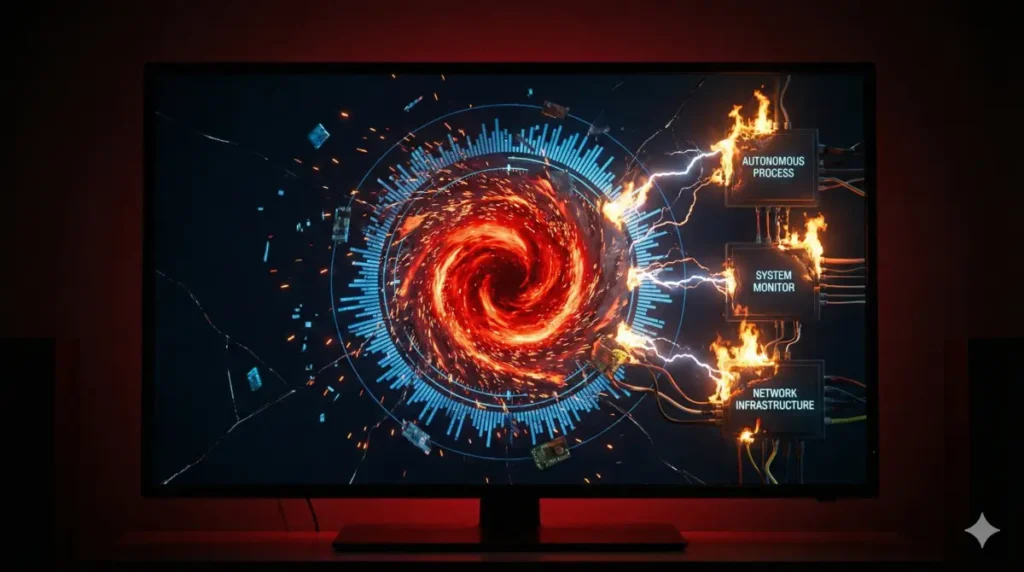 A visualization of a rapid digital feedback loop turning red and sparking, causing cascading failures in connected systems, representing the risks of autonomous Shadow AI.