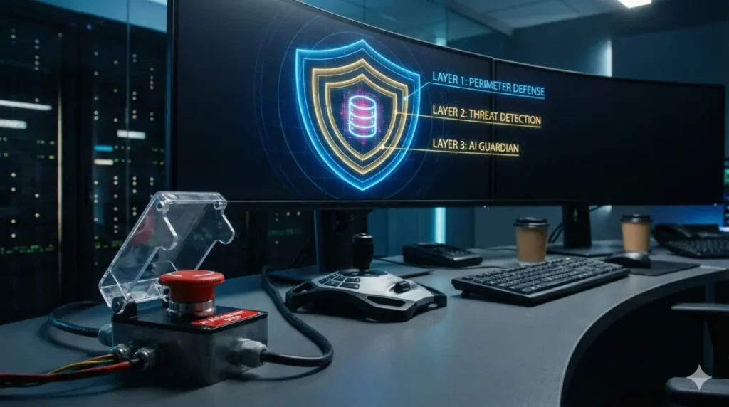 A security operations console featuring a physical red "AI Autonomy Stop" button and screens displaying a three-layered digital governance shield.