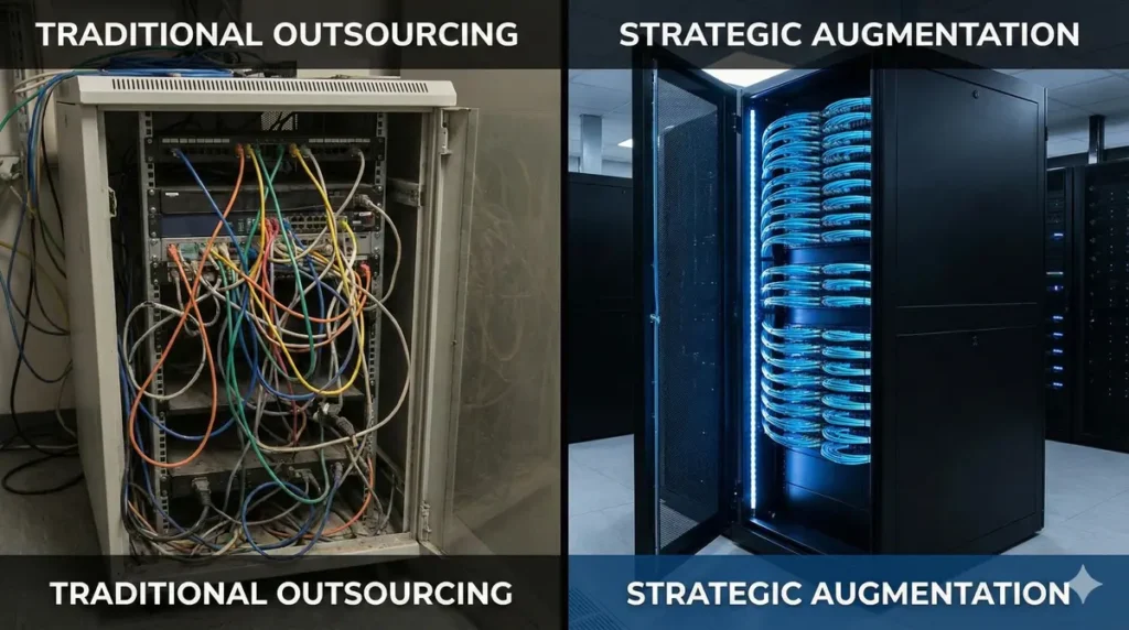 A visual comparison showing the structured, organized nature of technology staff augmentation versus chaotic outsourcing.