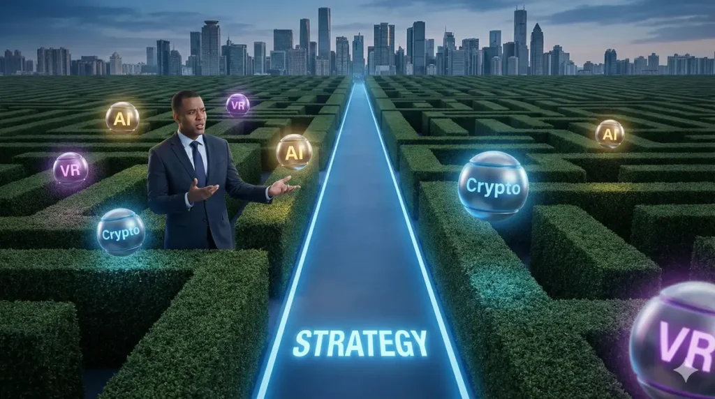 A confused business executive in a maze, surrounded by floating, glowing orbs of AI, VR, and Crypto. He requires a digital transformation consultant to provide strategic assistance.