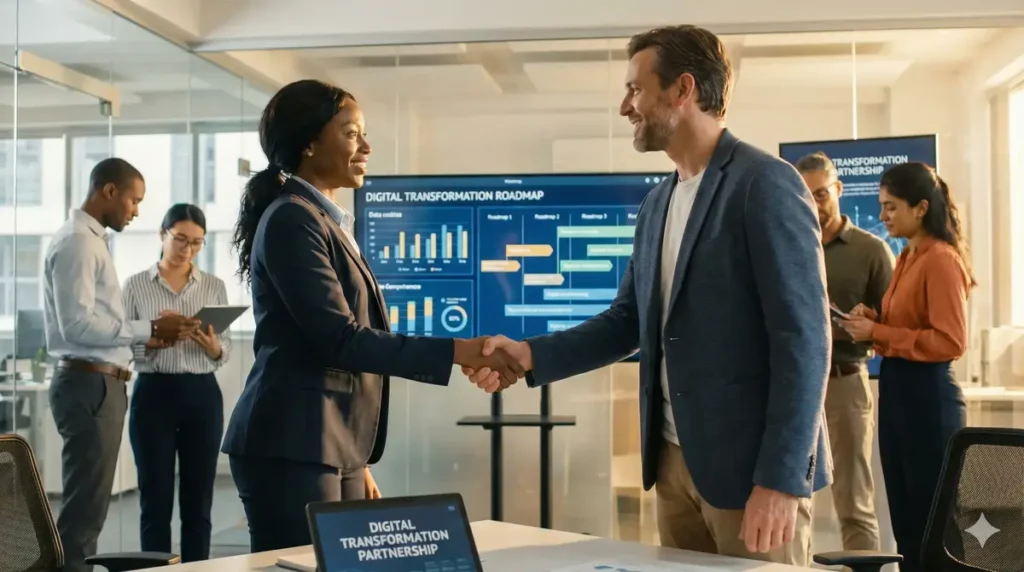 A Fractional CIO and digital tansformation consultant shaking hands with a company executive.